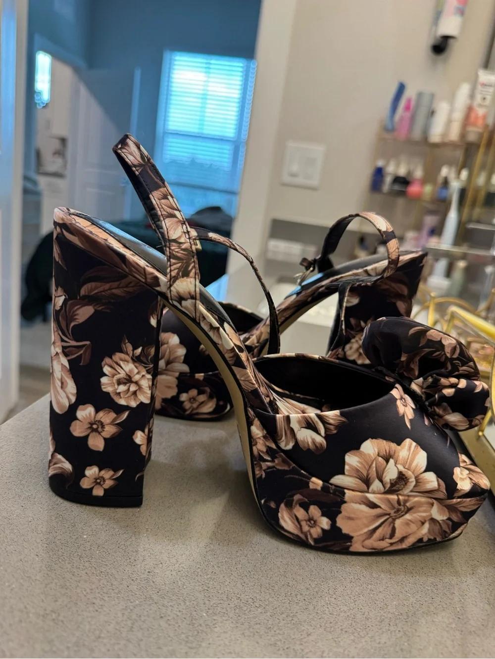 Express Floral Platform Sandals in Black and Soft Pink